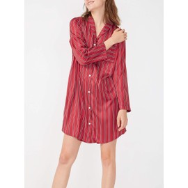 Femofit Satin Nightgown for Women Long Sleeve Button Down Nightshirt Striped Pajama Top Soft Sleepwear Sleepshirt (Wine Red, L)