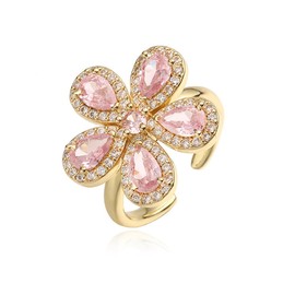 NewZenro Dainty Pink CZ Flower Adjustable Open Rings for Women Sparkly Crystal Cubic Zirconia Floral 18k Gold Plated Statement Finger Band Engagement Promise Ring Comfort Fit Trendy Jewelry (Pink CZ)