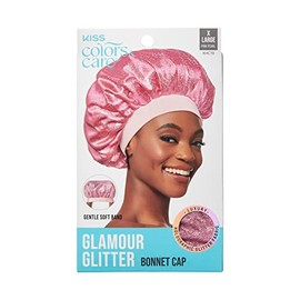 KISS COLORS & CARE Glitter Bonnet XL, Pink Pearl, Gentle Silky Fabric with Elastic Band for Most Hair Types - Hypoallergenic, Overnight Wear Stylish Sleep Cap, Slip-Free, Breathable