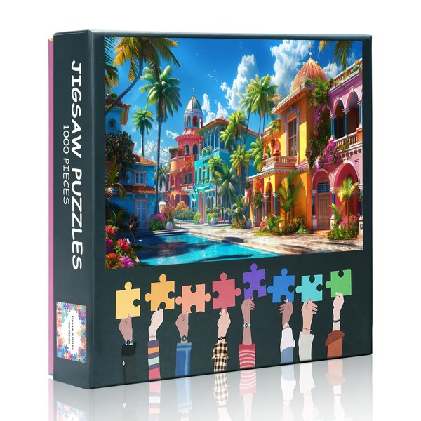 1000-Piece Jigsaw Puzzle Set: Vibrant Tropical Paradise with Colorful Buildings,