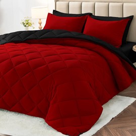 MUXHOMO 7 Pieces Full Comforter Set, Reversible Bed in a Bag Full Size, All Season Bedding Set with Comforter, Flat Sheet, Fitted Sheet, Pillowcases & Shams, Red & Black