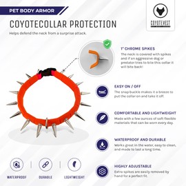 Coyote Collar Spiked Dog Collar - Orange, Large, Adjustable, Studded, Protection Against Coyotes and Aggressive Dogs