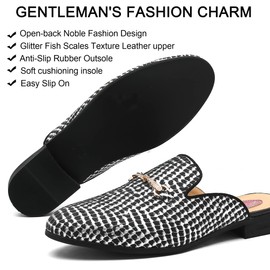 XQWFH Men's Slip-on Mule Loafer with Glitter Fish Scales Stripe Pattern, Fashion Leather Formal Wear Casual Backless Dress Slippers (Black)