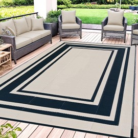 SatisInside Outdoor Rug 8x10 Ft Waterproof Plastic Straw Rugs for Patio,RV,Beach,Camping, Backyard,Porch, Picnic, Black&Beige
