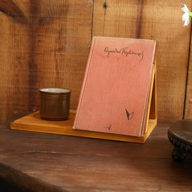 LITIVY Wooden Triangle Bookmark, Small Bookshelf with Drink Holder, Wood Book Reading Rest with Slotted, Book Corner Display Triangle Book Holder (Brown)