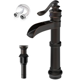 BATHLAVISH Vessel Sink Faucet, Oil Rubbed Bronze Black Bathroom Faucet, Farmhouse Waterfall Sink Faucet Single Hole with Pop Up Drain Assembly Without Overflow One Hole Mixer Tap Deck Mount