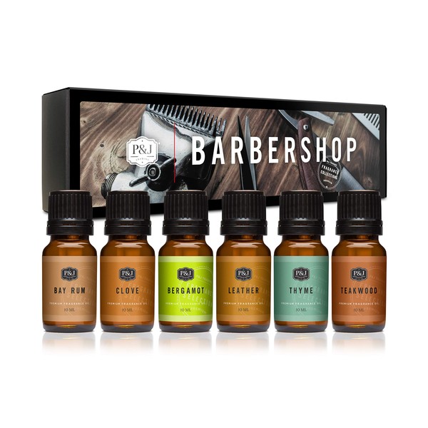 P&J Fragrance Oil Barbershop Set | Leather, Teakwood, Clove, Bay Rum, Bergamot, Thyme Candle Scents for Candle Making, Freshie Scents, Soap Making Supplies, Diffuser Oil Scents
