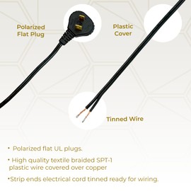 Royal Designs Replacement Lamp Cord with Flat Plug – Black – 8 feet SPT-2