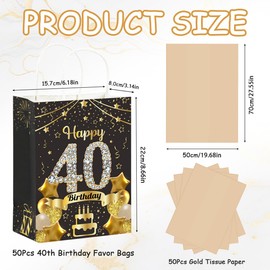 50Pcs 40th Birthday Party Favors Gift Bags Bulk, Black and Gold Happy 40th Gift Candy Wrap Bags with Tissue Paper, Vintage 40th Birthday Decorations Souvenir Bag for Men Women Anniversary Supplies (40th)