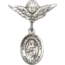 Sterling Silver Baby Badge with St. Scholastica Charm and Angel w/Wings Badge Pin 7/8 X 3/4 inches