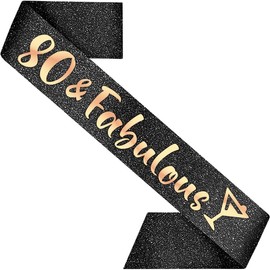 PartyForever 80th Birthday Sash 80 and Fabulous Decorations for Her Made of Black Glitter Fabric with Rose Gold Letters for Women