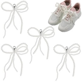 Wavwavw 4 Pcs Pearls Bowknot Shoe Decoration Charms for Sneakers Elegant Pearl Bowknot Beaded Chain for Jewelry Making DIY Dress Shoe Keychain Necklace Earrings Crafts Accessories for Wedding(Double)