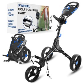 SereneLife Foldable 3-Wheel Golf Push Cart with Ergonomic Handle – Lightweight Aluminum Frame, Quick Fold, Deluxe Scorecard & Cup Holder, Umbrella Storage – Easy to Push & Store – Black Golf Caddy