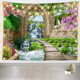 BELECO Spring Garden Tapestry Wall Hanging Cherry Blossoms Green Trees River Bridge Nature Tapestry 70x47 Inch Stone Arch Mountain Waterfall Landscape Tapestry for Bedroom Living Room Dorm Decor