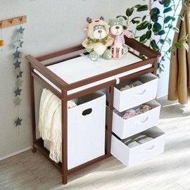 Wooden Baby Changing Table,Modern Diaper Changing Table,Infant Diaper Station Dresser with Laundry Hamper, 3 Drawer Basket- Storage Organizer for Baby Clothes, Diapers & Toys