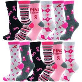12 pares de calcetines de concienciación sobre el cáncer de mama, cinta rosa suave calcetines deportivos, 12 Pairs Assorted (Crew), 9-11
