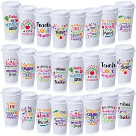 Skylety 24 Pcs Teacher Appreciation Gifts Bulk Thank You Teacher Gifts 16 oz Coffee Cups with Lids for Preschool, Daycare, Kindergarten, Back to School(White,Funny Words)