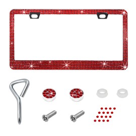 ZNDAW Bling License Plate Frame, Stainless Steel Glitter Crystal Diamond License Plate Cover Holder, Sparkly Bedazzled Rhinestone Car Tag Covers for Women, Car Accessories (Red)