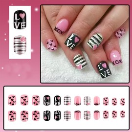 24Pcs Valentine's Day Press on Nails Short Fake Nails Pink Square Acrylic Nails Cute Valentine's Day False Nails with Glitter Designs Love Heart Glue on Nails for Women Girls Manicure Tips Salon