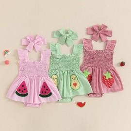 Mubineo Baby Girl Summer Dress Ruffle Fruit Clothes Flutter Sleeveless Smocked Infant Rompers Plaid Boho Dress Outfits (Pink Watermelon, 12-18 Months)