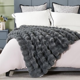 JONIYEAR Large Solid Thick Bubble Faux Rabbit Fur Bed Blanket Full Size 70" x 80", Decorative Cute Cozy Fluffy Gray Warm Blanket for Winter, Reversible Big Luxe Fuzzy Comfy Shaggy Furry Blankets, Grey