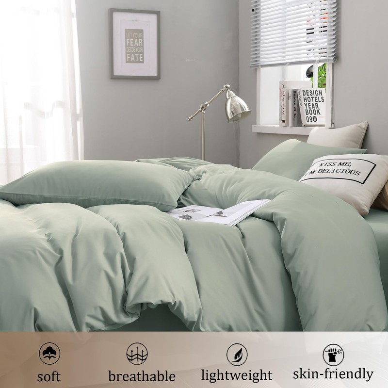 BESTDESIL Sage Green Duvet Cover Set Queen,Washed Microfiber Bedding Comforter