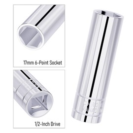 FOCMKEAS 17mm Deep Socket, 1/2 Inch Drive, 6-Point, Metric, Heat Treated CR-V Steel Sockets, Full Polishing, 3.1 Inch Length