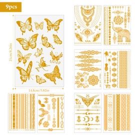 Dtoterul 9 Blatt Glitzer Gold Temporäre Tattoos, Gold Flash Damen Festival Tattoos zum Aufkleben, Metallic Festival Accessoires Party Zubehör Frauen Mädchen Haut Klebetattoos Erwachsene