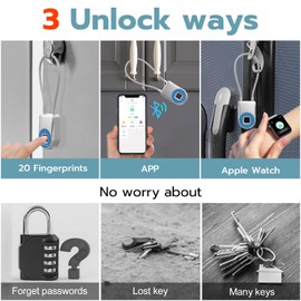 Fingerprint Cable Lock, Dhiedas 3.6" Long Cable Lock with Fingerprint, Smart Keyless Electronic Biometric Outdoor Waterproof Bluetooth Padlock for Cabinet Gym Locker Gate Outdoor Fence Backyard Blue