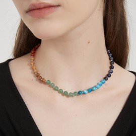 COAI 7 Chakra Pearl Necklace Made of Gemstone Colourful Necklace for Women, Stone, Agate Aventurine Amethyst