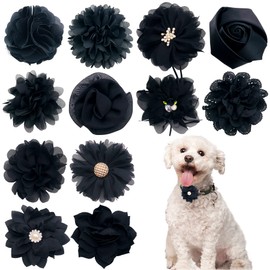 PET SHOW 12pcs Black Dog Collar Bows and Flowers Attachment for Girls Boys Puppies Cats Small Medium Dogs Collars Embellishment Decor for Wedding Birthday Parties Grooming Accessories
