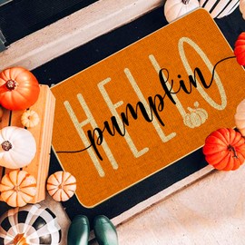 Hello Pumpkin Door Mat Welcome Decorative, Autumn Thanksiving Pumpkin Farmhouse Outdoor Indoor Patio Entrance Door Mats Low Profile Non Slip Outside Inside Floor Mat Rugs for Home Decor 29x 17Inch
