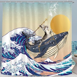 SparkLia Funny Cat Shower Curtain, Cat Riding Whale in Japanese Ocean Kanagawa Waves Shower Curtain Sets, Waterproof Fabric Nautical Kids Curtain with Hooks for Bathroom Décor - 72" x 72"
