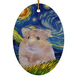 Whimsical Night Sky Orange Hamster Christmas Ornament White Oval Ceramic - Impressionist Pet Portrait Memorial Keepsake Gifts for Hamster Lovers