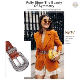 Women Leather Belt Ladies Vintage Western Double Buckle Design Brown Waist Belt for Pants Jeans Dresses(C-Brown(silver buckle))