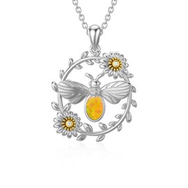 SOULMEET Bee Sunflower Silver Necklace with Yellow Gold Synthetic Opal Honey Bee Surrounded by Sunflower Oval Pendant Necklace 925 Sterling Silver Jewellery Gift for Mother Women Girls, Metal, Opal