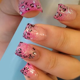 YoYoee 24-Piece Short Square Press on Nails - French False Nails | Pink Leopard Print Fake Nails for Women Elegant & Durable Artificial Nails for Instant Manicure