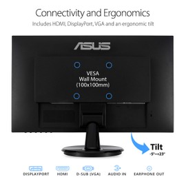 ASUS ASUS VA24DQ 23.8” Monitor, 1080P Full HD, 75Hz, IPS, Adaptive-Sync/FreeSync, Eye Care, HDMI DisplayPort VGA, Frameless, VESA Wall Mountable ,BLACK