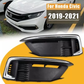 YLT AUTO Front Bumper Fog Light Covers Set w/Chrome Fit 2019-2021 Honda Civic Coupe/Sedan