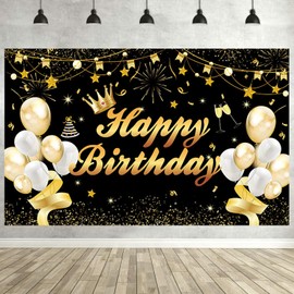Black and Gold Birthday Backdrop Large Happy Birthday Banner Decorations Birthday Party Decorations Supplies Background for Men Women