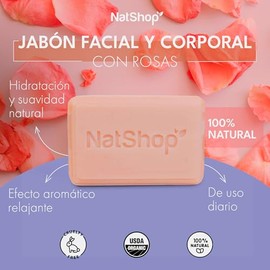 NATSHOP | Jabón Facial y Corporal con Rosas 100% Natural – con Aceite de Rosas | Hidratación y Limpieza Suave | Jabón de Baño y Cuidado de la Piel - Skin Care 100g | Completa tu Kit de Viaje