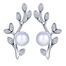 Unendlich U Einzigartig Bäumchen Laubwerk Damen Ohrstecker 925 Sterling Silber Kristall 6.5mm Perle Stecker Ohrringe Ohrschmuck