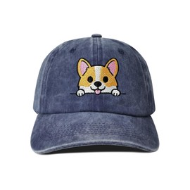 Hepandy Corgi Baseball Cap for Women Men, Dog Owner Lovers Gifts, Navy Blue Embroidered Denim Dad Hat, Adjustable Cotton Snapback Hat, Corgi Dog Face (Washed Navy Blue), One Size