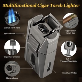 AWOTE Cigar Lighter with Double Jet Flame, Refillable Cigar Torch Lighter with Cigar Holder, V-Cigar Cutter, Cigar Draw Enhancer, Cigar Butane Lighter for Cigar Lovers, Butane not Include