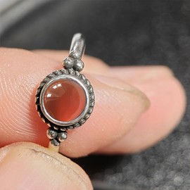Mini Natural Red Onyx Stone Ring,Retro Sterling Silver Tiny Real Crystal Stacking Thin Ring,Antique Cute Dainty Small Round Gemstone Ring Jewelry for Women (B08_Red Onyx, 10)