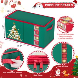 BSHSPX Large Christmas Ornament Storage with 8 Adjustable Trays Christmas Ornament Organizer Storage Box with Dividers Green Xmas Ornaments Storage for Holiday Decor Storage Box Fits 128 Ornaments