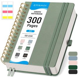 EMSHOI A5 Graph Paper Notebook, Spiral Notepad 150 Sheets/300 Pages, 100gsm, Hardback, Sticky Notes, Pocket, Pen Loop, Ruler, Bookmark, Squared Journal for Women Men Writing, 14.5 x 21cm, Sage Green