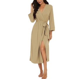 VINTATRE Women Kimono Robes Long Knit Bathrobe Lightweight Soft Knit Sleepwear V-neck Casual Ladies Loungewear Khaki-M