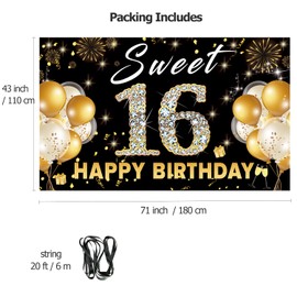 Sweet 16 Backdrop Birthday Decorations, Sweet Sixteen Photo Booth Props, Black Gold Happy 16th Birthday Party Decorations For Girls, Large Fabric 16th Birthday Backdrop Banner 71 * 43 inch PHXEY