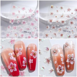 Flower Nail Stickers, Blossom Flower Nail Decals 3D Embossed White Pink Grey Blossom Small Floral Pattern Spring Summer Nail Design Manicure Decoration for Women Girls(3Sheets)